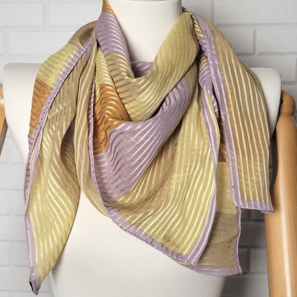 Vintage 1970s Echo Scarf Purple Gold Orange Sheer Silk Striped Square 32"